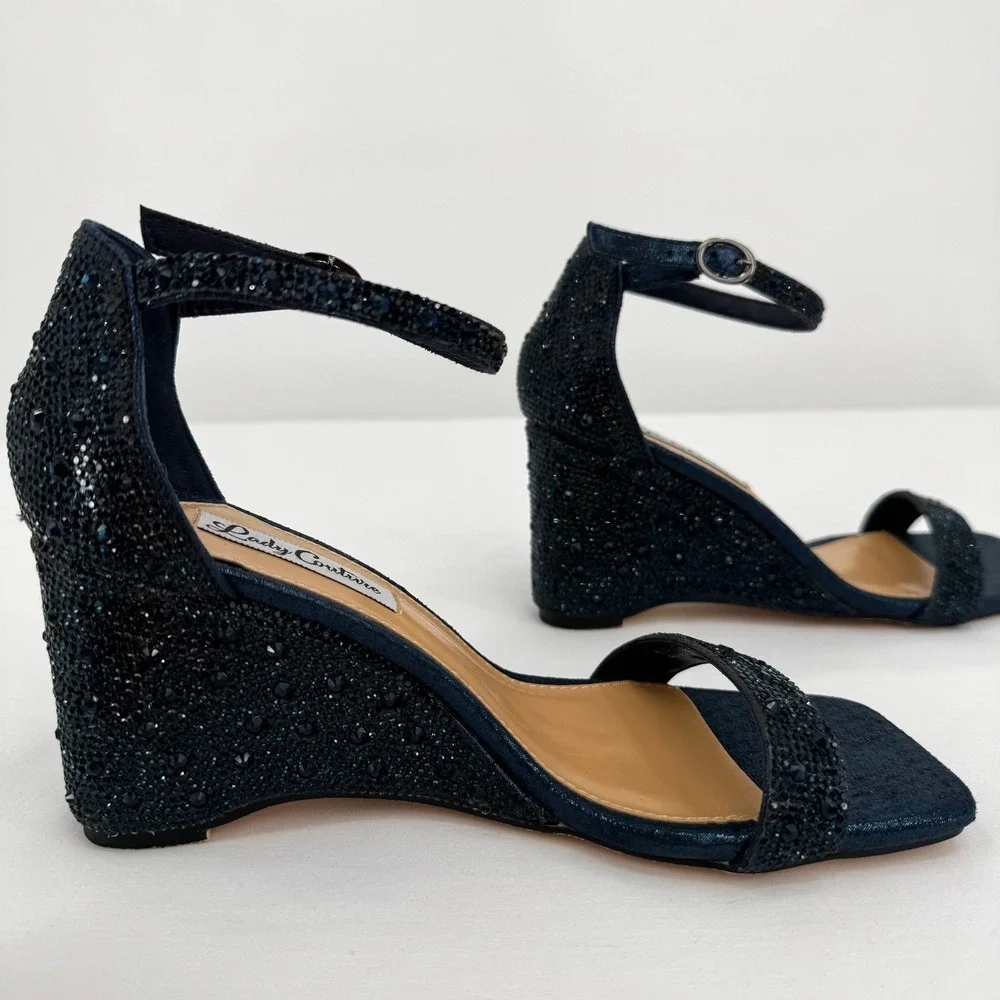 Black Beaded Ankle-Strap Wedge Sandals